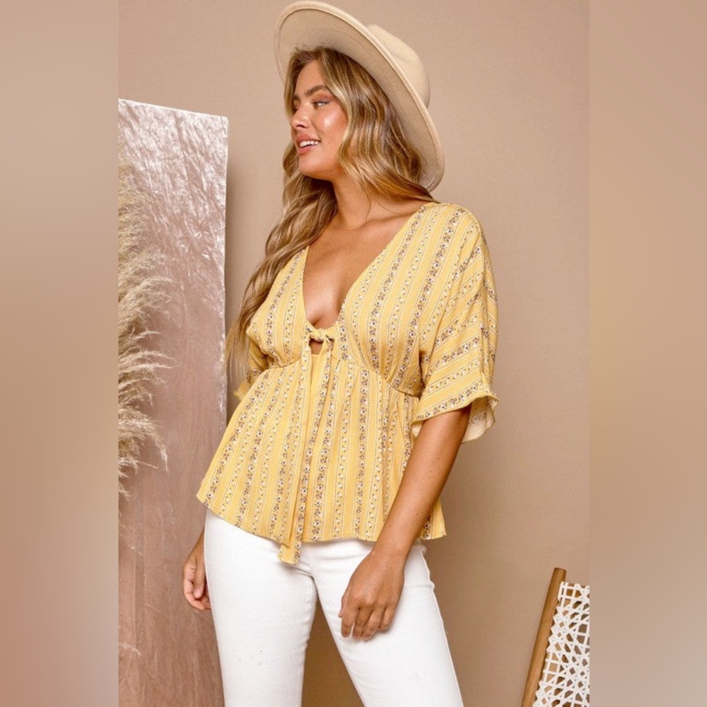 Yellow Mustard Deep V Neckline Floral Striped Babydoll Top - Picture 5 of 8